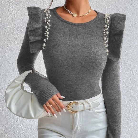 Pearl Beaded Ruffle Trim Sweater top gray - Picture 2 of 5